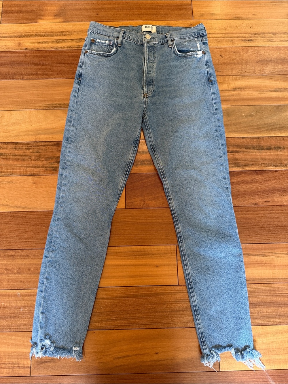 Agolde Light Blue Slim Straight Jeans with Frayed Hem